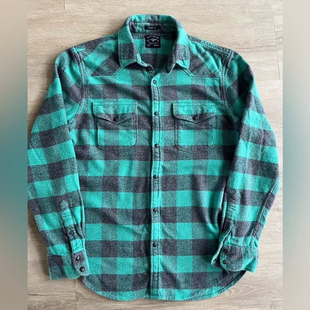 Lucky Brand Teal and Gray Plaid Flannel Shirt